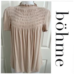 Bohme, Front & Back Elastic Band Etched Panel Dark Cream Short Sleeve Top Size L